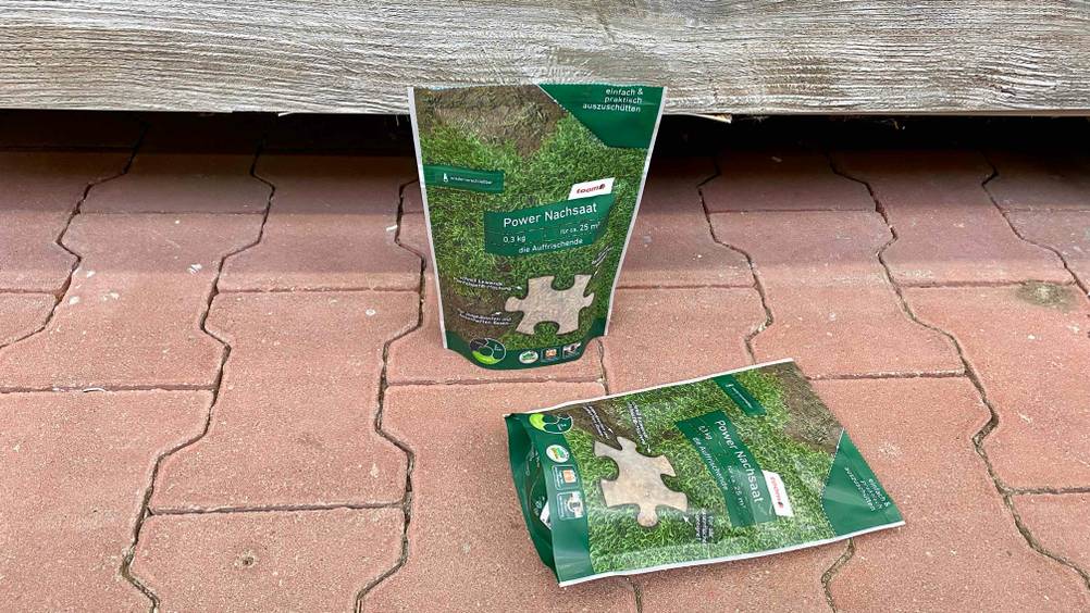 Zwei Packungen der getesteten Rasen-Nachsaat, eine stehend, eine mit Fokus auf den Boden der Packung liegend.
