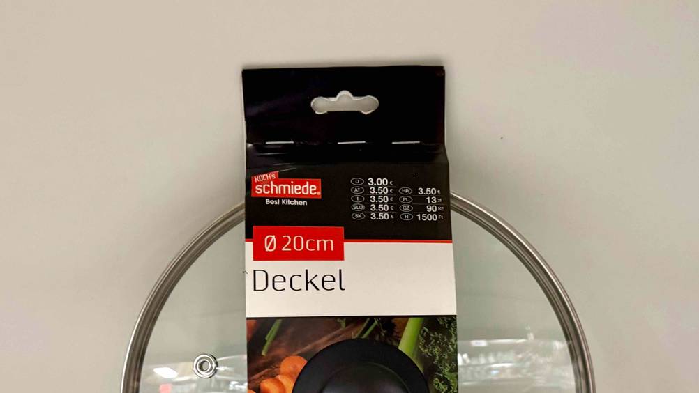 Topfdeckel getestet: Nahaufnahme des Labels mit Infromationen.