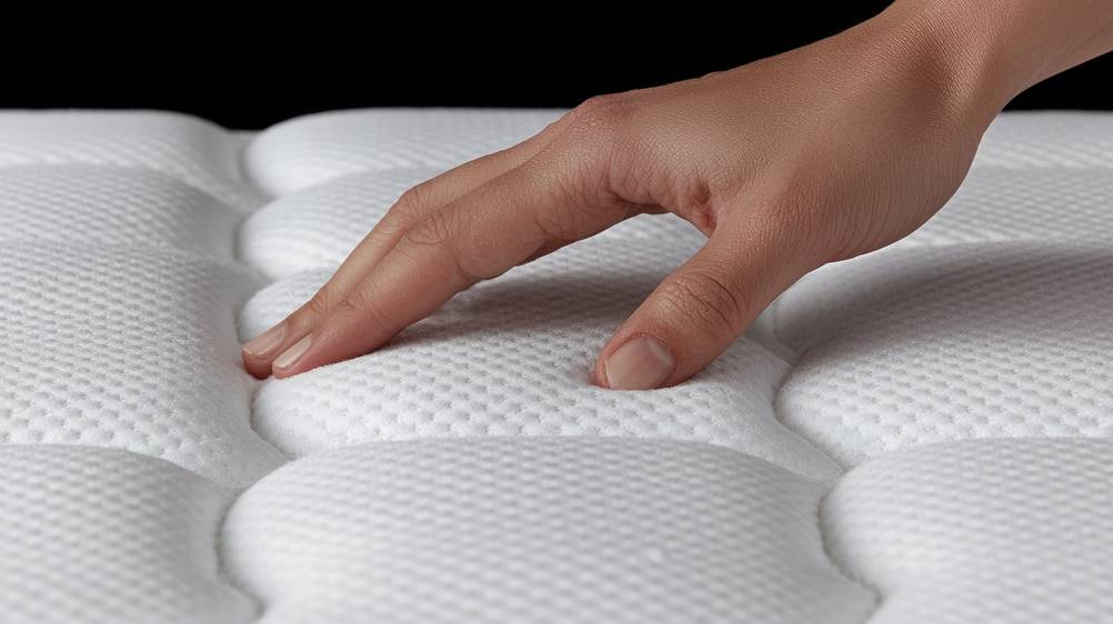 160x200-Topper-Test: Eine Hand drückt die Oberfläche eines Matratzen-Toppers sanft ein.