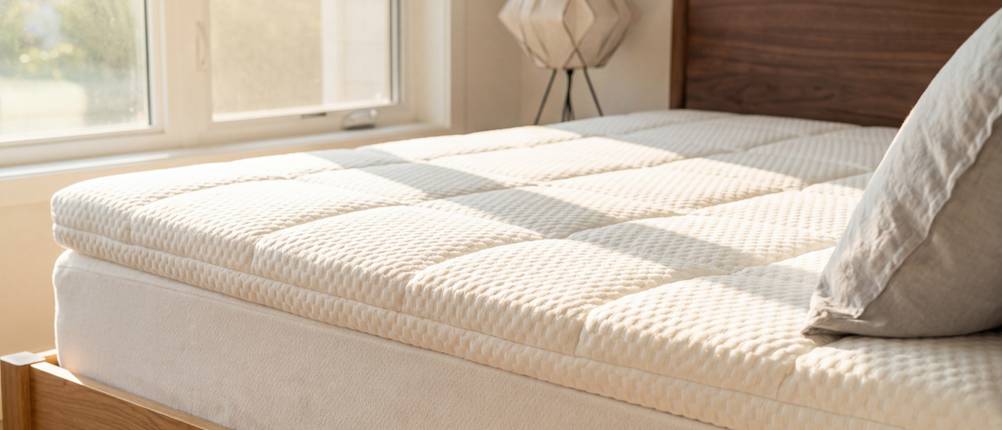 Topper-180x200-Test: Ein Topper mittlerer Höhe liegt auf einer Matratze in einem modernen Schlafzimmer.