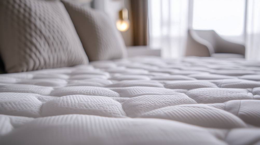 200x200-Topper-Test: Ein Topper mit strukturierter Oberfläche liegt auf einem Bett in einem modern eingerichteten Schlafzimmer.