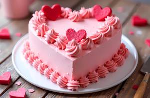 Torten-Deko-Test: herzförmige rosa Torte mit drei Dekoherzen darauf, mit rosa Buttercreme rundherum verziert