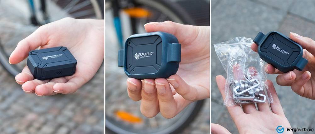 Collage aus drei Bildern, die einen Fahrrad-Tracker samt Montagematerial zeigen.