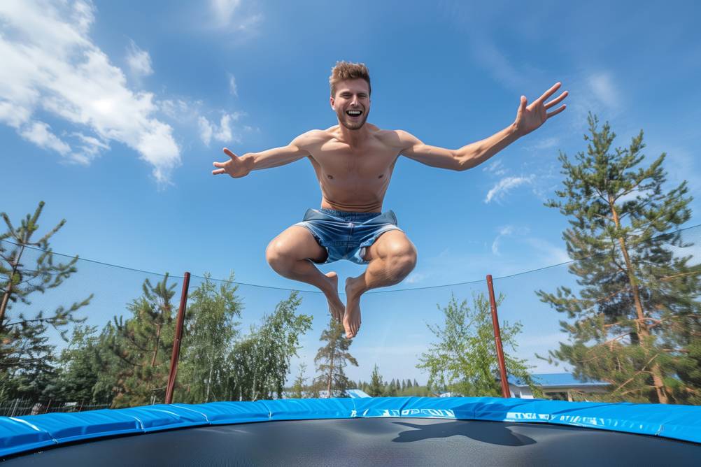 Trampolin-Sprungtuch im Test: Fröhlicher junger Mann springt auf dem Trampolin, umgeben von üppigem Grün in der Nachmittagssonne
