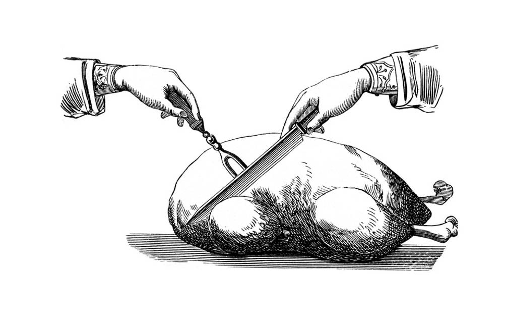 Zeichnung wie ein Gänsebraten tranchiert wird aus dem frühen 20. Jahrhundert.