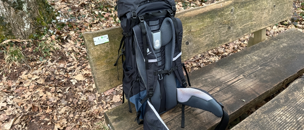 Die Rückseite des Deuter Aircontact Lite 50+10 ist zu sehen. Rückenpolsterung, Hüftgurt und Schultergurte sind gut sichtbar.