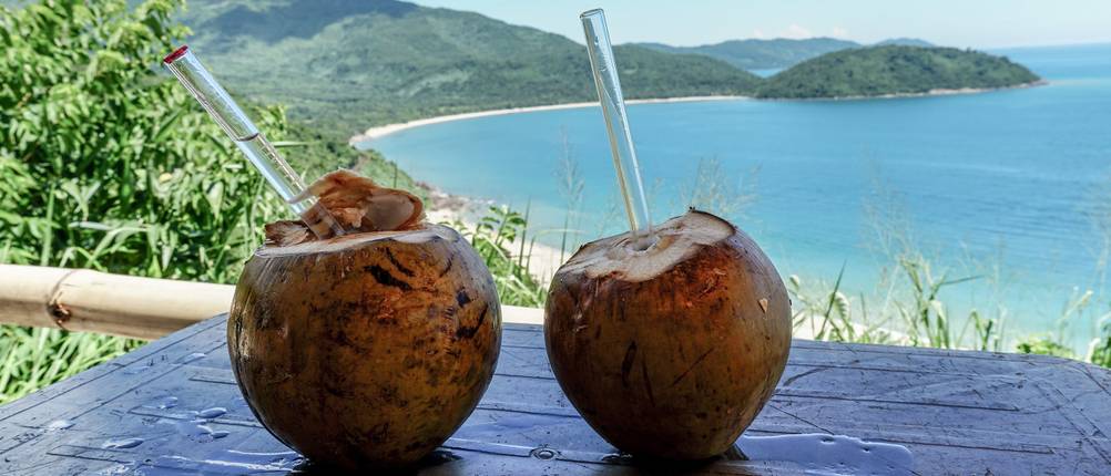 trinkhalme aus glas im kokosnuss-cocktail