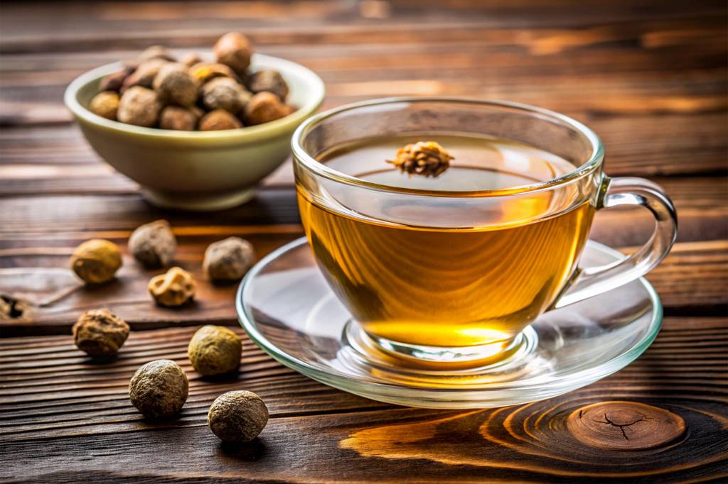 Triphala-Test: Auf einem Holztisch steht eine Tasse Triphala-Tee. Daneben befindet sich die indische Stachelbeere in einem kleinen Schälchen. 