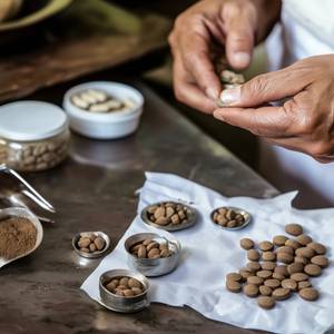 Triphala-Test: Ein Mann befüllt kleine Dosen mit Triphala-Kapseln. 