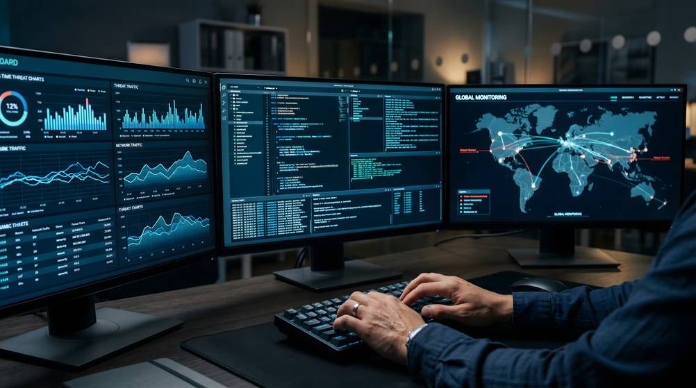 Triple-Screen im Test: Ein Datenanalyst arbeitet an einem Triple-Screen-Setup.