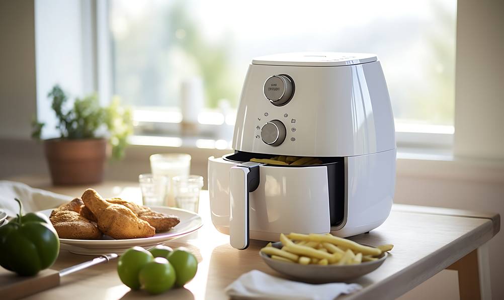 Tristar-Fritteusen im Test: weiße Heißluftfritteuse auf dem Holztisch zusammen mit fertig frittierten Pommes, Hähnchenschenkeln und Gemüse