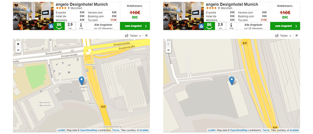 Dasselbe Hotel, derselbe Kartenausschnitt auf unterschiedlicher Vergrößerungsstufe - rechts mit, links ohne Symbole.