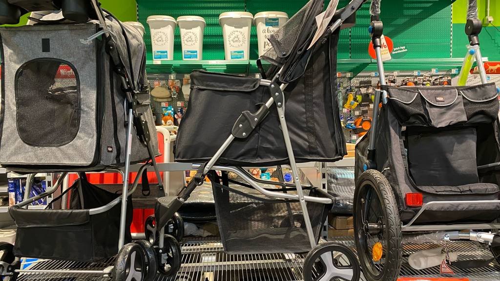 Hundebuggy im Test: mehrere schwarze Hundewagen mit Sichtgitter, Körben und Gestellen auf Rädern stehen in einem Geschäft vor einem Regal mit Haustier-Artikeln.