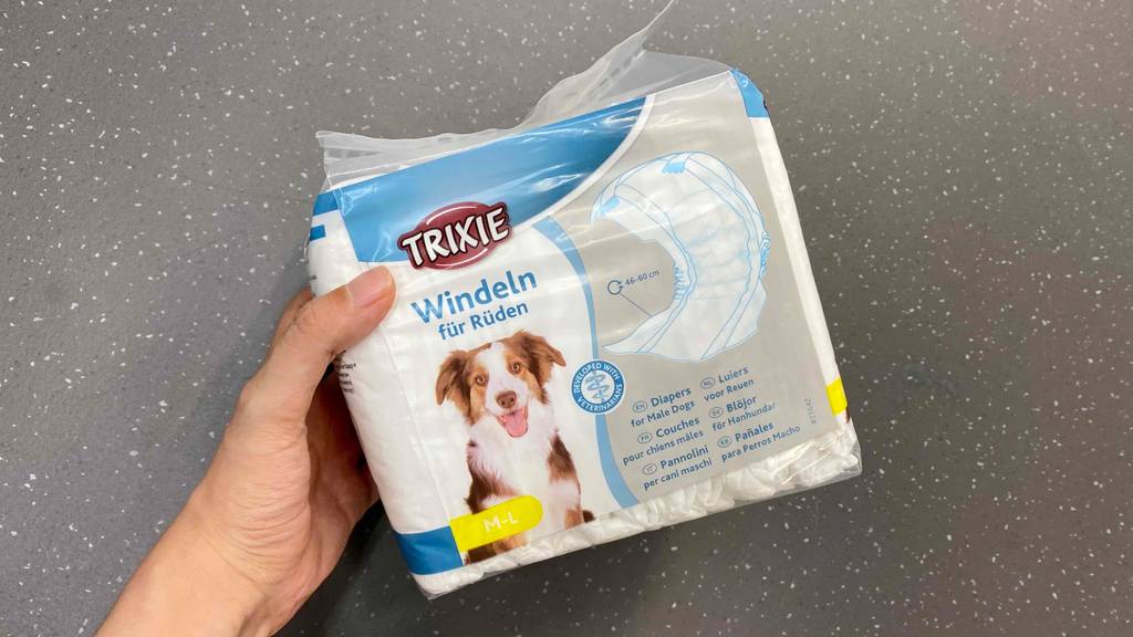 Hand hält Verpackung mit getesteten Trixie-Hundewindeln vor grauem Hintergrund.