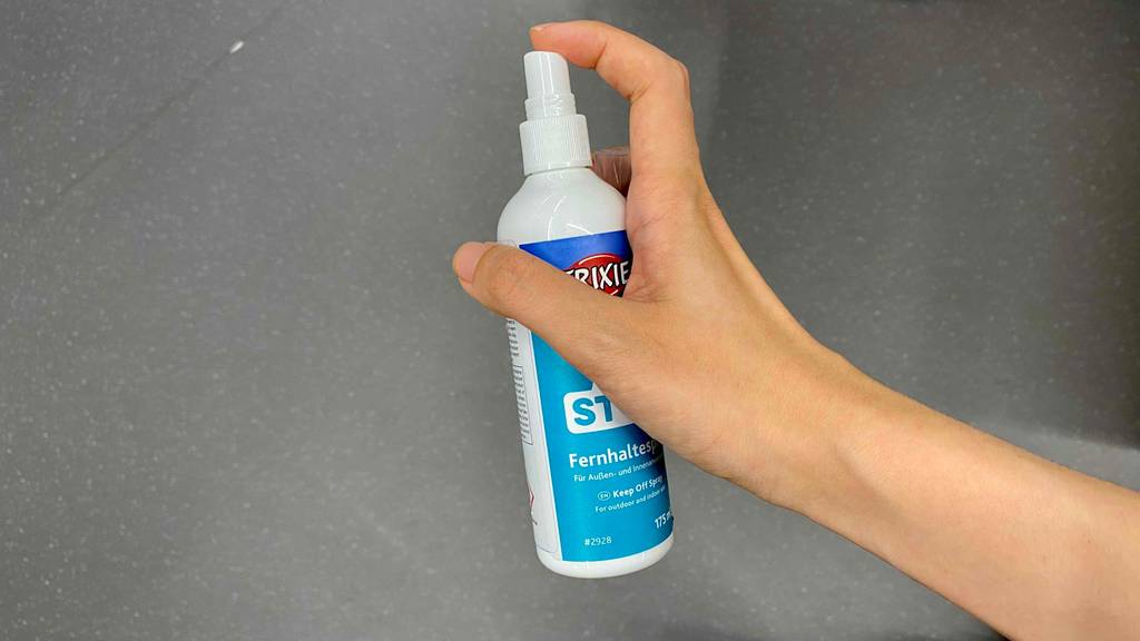 Katzen-Fernhaltespray in der Hand