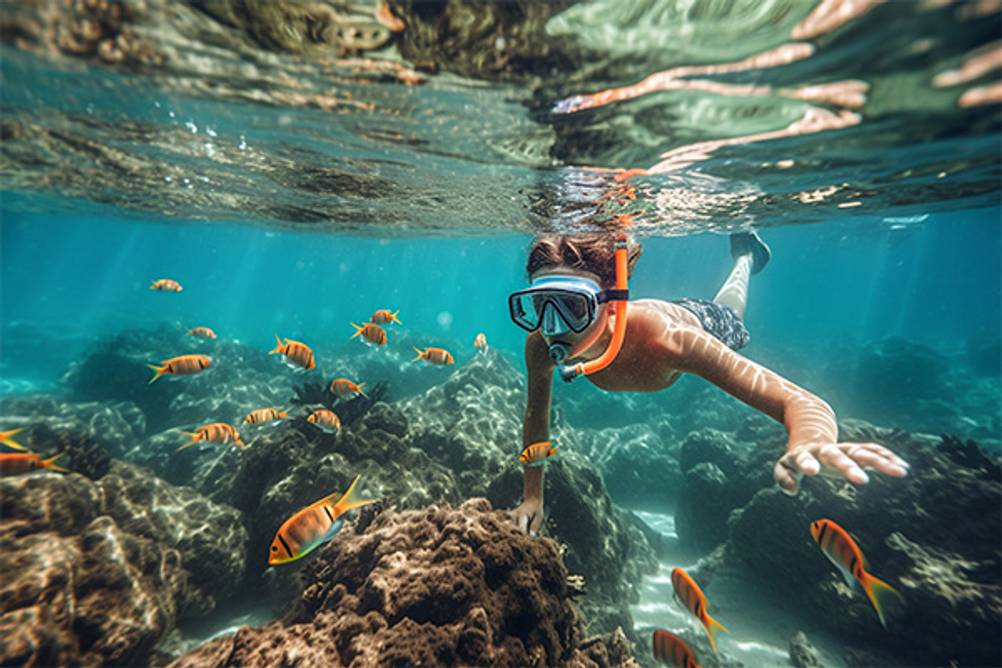 Trockenschnorchel im Test: Ein Mann, der orangene Fische unter Wasser mit Schnorchel und Taucherbrille bestaunt.