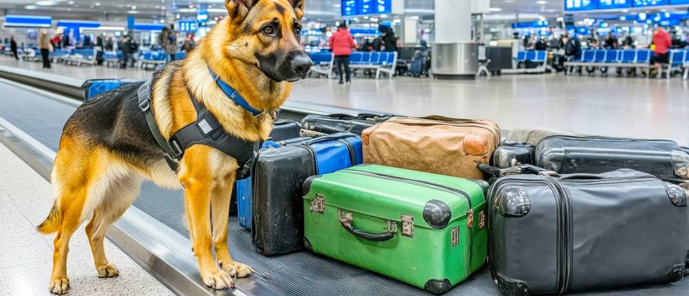 TSA-Schlösser-Test: Zollhund, der am Flughafen-Gepäckband Drogen oder Sprengstoff im Gepäck erschnüffeln soll