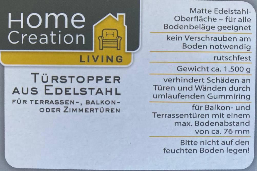 Im Test: Nahaufnahme der Verpackung eines Türstoppers mit Informationen.