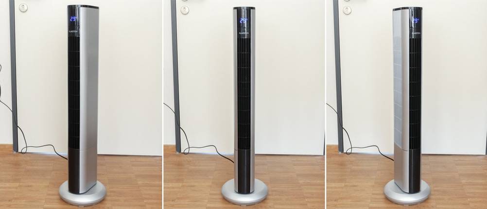 Bildcollage: Ein Ventilator schwenkt von links nach rechts.