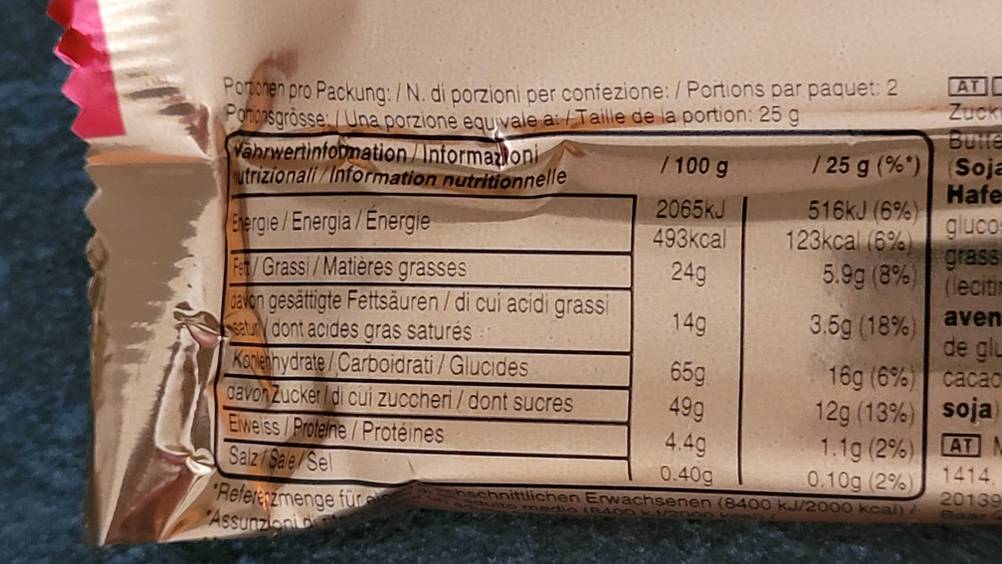 Nahaufnahme der Nährwerttabelle eines getesteten Schokoriegels.