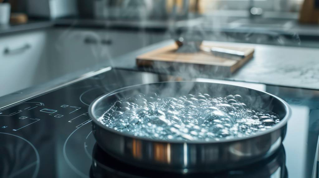 Überkochschutz-Test: Auf einem Induktionskochfeld steht ein flacher Edelstahl-Topf mit kochendem Wasser. 
