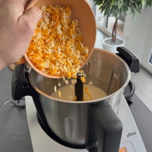 In den Mixtopf der Ufesa TotalChef RK7 wird zerkleinerter Käse gegeben