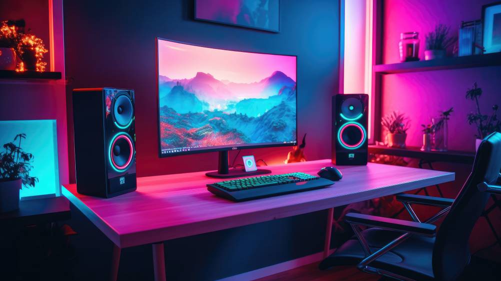 Ultradesk im Test: Ein beleuchteter Gaming-Schreibtisch mit Monitor, Tastatur und Lautsprechern.