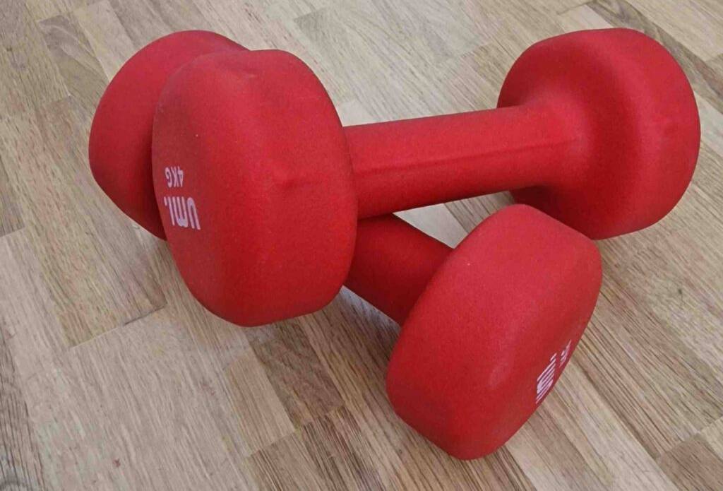 Zwei rote Kurzhanteln im Test liegen übereinander auf einem Holzboden.