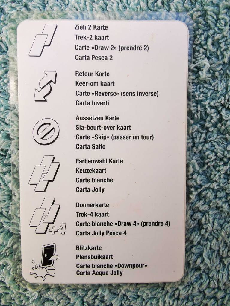 Bebilderte Erklärung der Aktionskarten eines getesteten UNO-Spiels.
