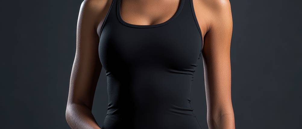 unterhemd für damen im test: eine Frau trägt ein schwarzes T-Shirt mit breiten Trägern