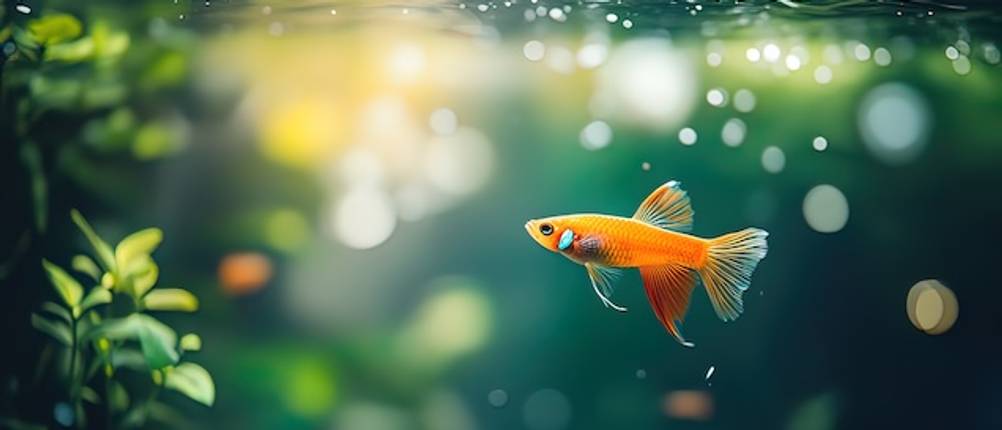 Unterwasserfilter-Test: Ein Goldfisch in grünem klaren Wasser.