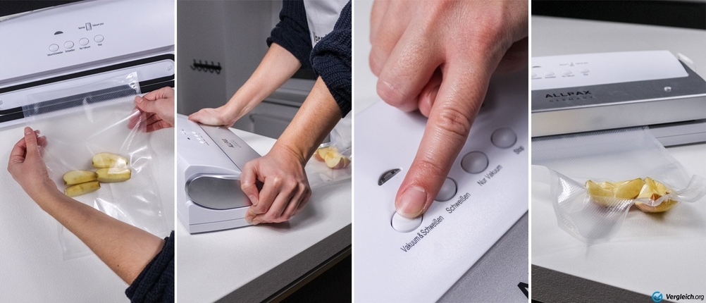 4 einzelne Bilder, die den Ablauf des getesteten Vakuumierens in der Übersicht zeigen.