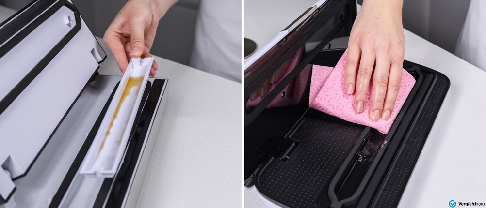 Reinigung einer entnehmbaren Tropfschale eines Vakuumierers.