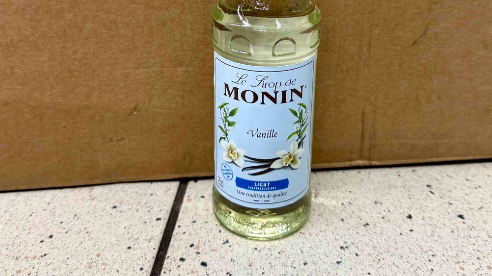 Vanille-Sirup getestet: Nahaufnahme des Labels auf der Flasche.