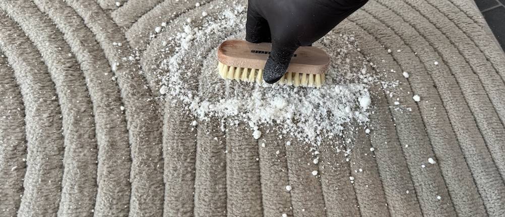 Vanish-Teppichreiniger wird mit einer Bürste per Hand eingerieben