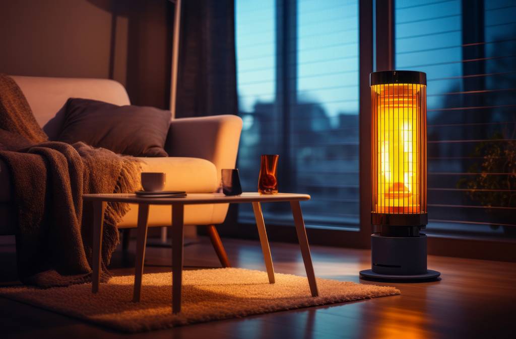 Vasner-Heizstrahler im Test: Ein leuchtendes Standgerät seht in einem Wohnbereich im Dämmerlicht.