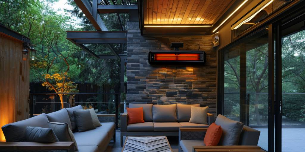 Vasner-Heizstrahler im Test: Ein chicker, moderner Terrassenbereich mit einem wandmontierten Heizstrahler in Funktion im der Abenddämmerung.