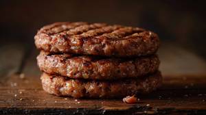 Vegane-Burger-Patties-Test: Drei vegane Burger-Patties liegen aufeinander. 