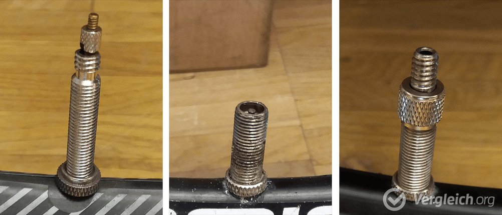 Fahrradpumpen-Test: Diverse Ventil-Typen von Fahrradreifen.