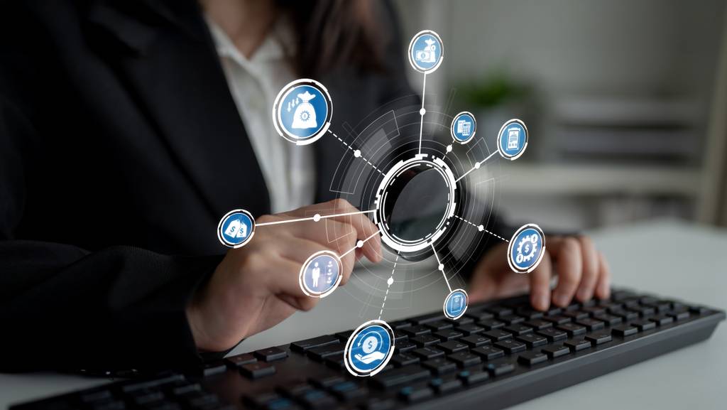 Eine Frau an einer Tastatur, darüber erscheint eine Netzwerk-Grafik.