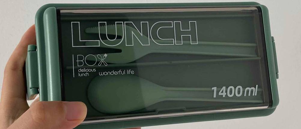 Eine getestete Bento-Box mit Besteck wird von einer Hand gehalten.