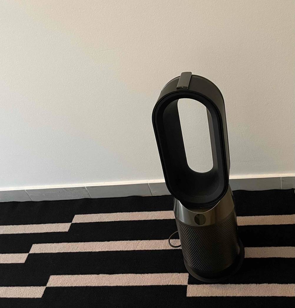 Gesamtansicht eines getesteten Dyson-Ventilators inklusive Filtersystem auf gestreiftem Teppich vor weißer Wand.