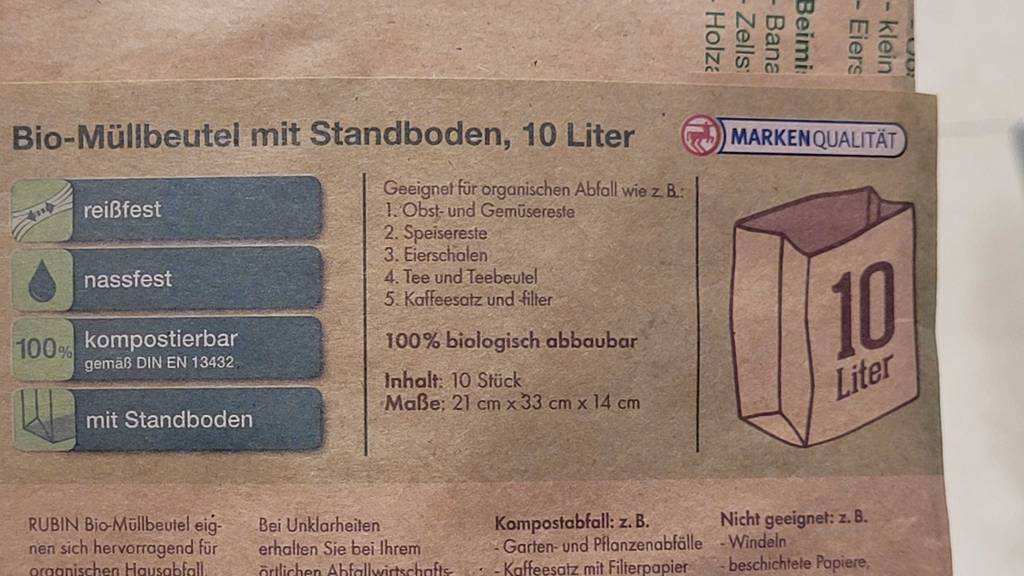 Kompostierbare Biomülltüten im Test: Detailansicht der Verpackung mit 10 Stück Standbodenbeutel, 10 Liter.