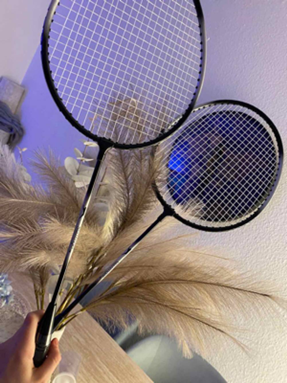 Eine Hand hält an den Griffen zwei Schäger des getesteten Federball-Sets vor einem Strauß dekorativer Federn.