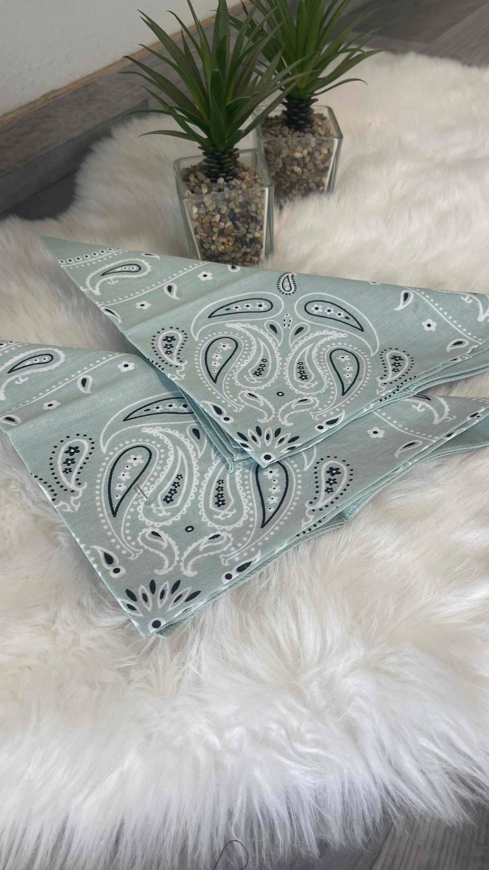 Zwei graue Bandanas im Test liegen auf einem weißen Fell vor zwei Topfpflanzen.