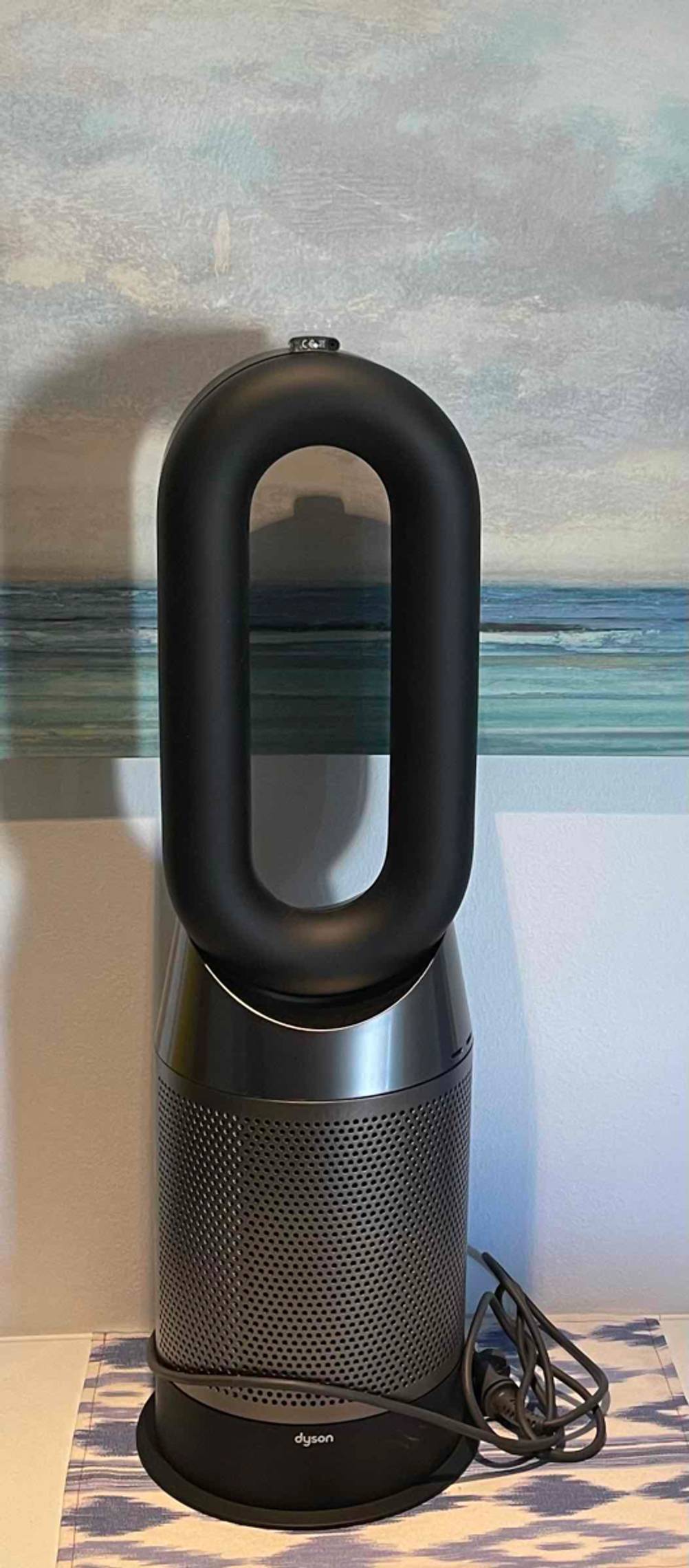 Vorderansicht eines vor einer Fototapete stehenden, getesteten Dyson-Ventilators inklusive Filterstation.