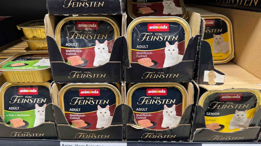 Getestet: Animonda-Nassfutter für Katzen in mehreren Schalen, die in einem Karton auf einem Verkaufsregal stehen.