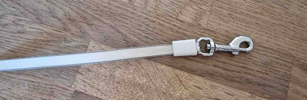 Rollleine im Test: Nahaufnahme der flachen Leine mit Metallhaken auf Holzfläche.