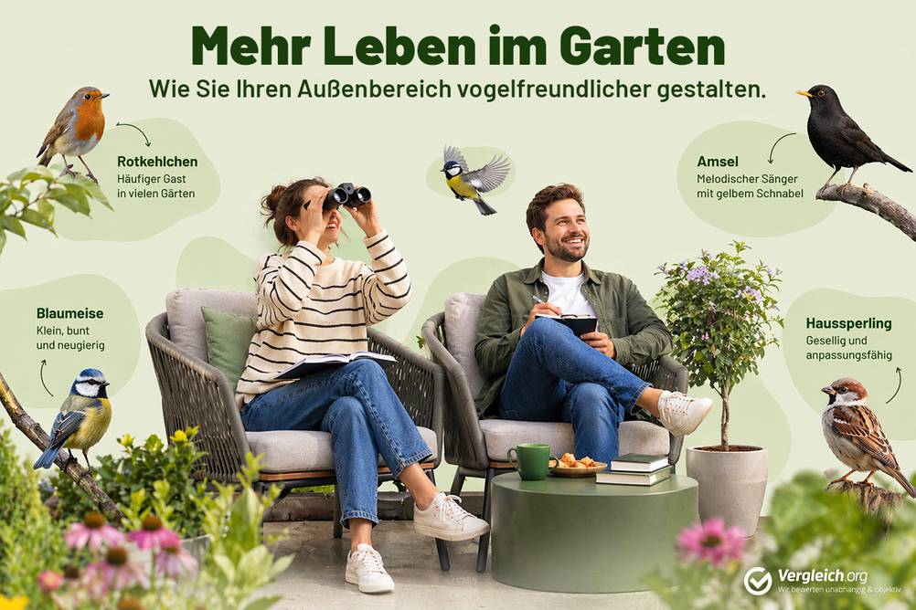 Eine Frau und ein Mann sitzen auf gartenstühlen. Die Frau hält ein Fernglas vor die Augen. Um sie herum stehen Pflanzen. In Wortwolken sind um die Personen herum verschiedene typische Gartenvögel mit ihren Namen abgebildet. Die Überschrift des Bildes lautet 
