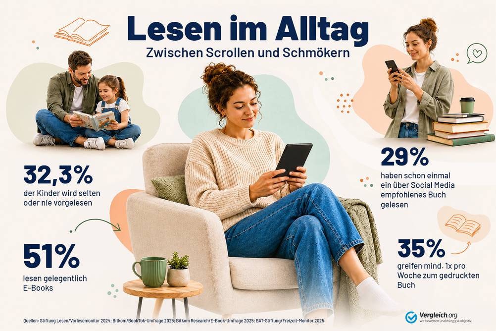 Beitragsbild zur Pressemitteilung. In der Mitte sitzt eine Frau in einem Sessel und liest auf einem E-Book-Reader, darüber steht der Schriftzug „Lesen im Alltag – Zwischen Scrollen und Schmökern“. Drum herum sind zentrale Studienergebnisse zum Lesen im Alltag zu sehen. Links oben liest ein Mann einem Kind aus einem Buch vor, daneben steht „32,3 % der Kinder wird selten oder nie vorgelesen“. Links unten steht „51 % lesen gelegentlich E-Books“. Rechts oben ist eine Frau mit Smartphone neben einem Bücherstapel zu sehen, daneben steht „29 % haben schon einmal ein über Social Media empfohlenes Buch gelesen“. Rechts unten steht „35 % greifen mind. 1x pro Woche zum gedruckten Buch“ neben einem Buchsymbol. Unten links befindet sich die Quellenangabe, unten rechts das Vergleich.org-Logo.